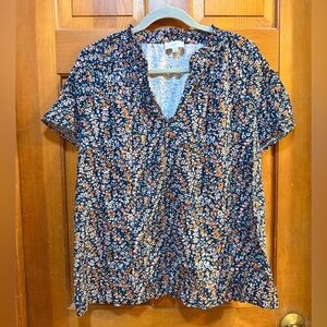 LOFT Navy and Orange Floral Blouse